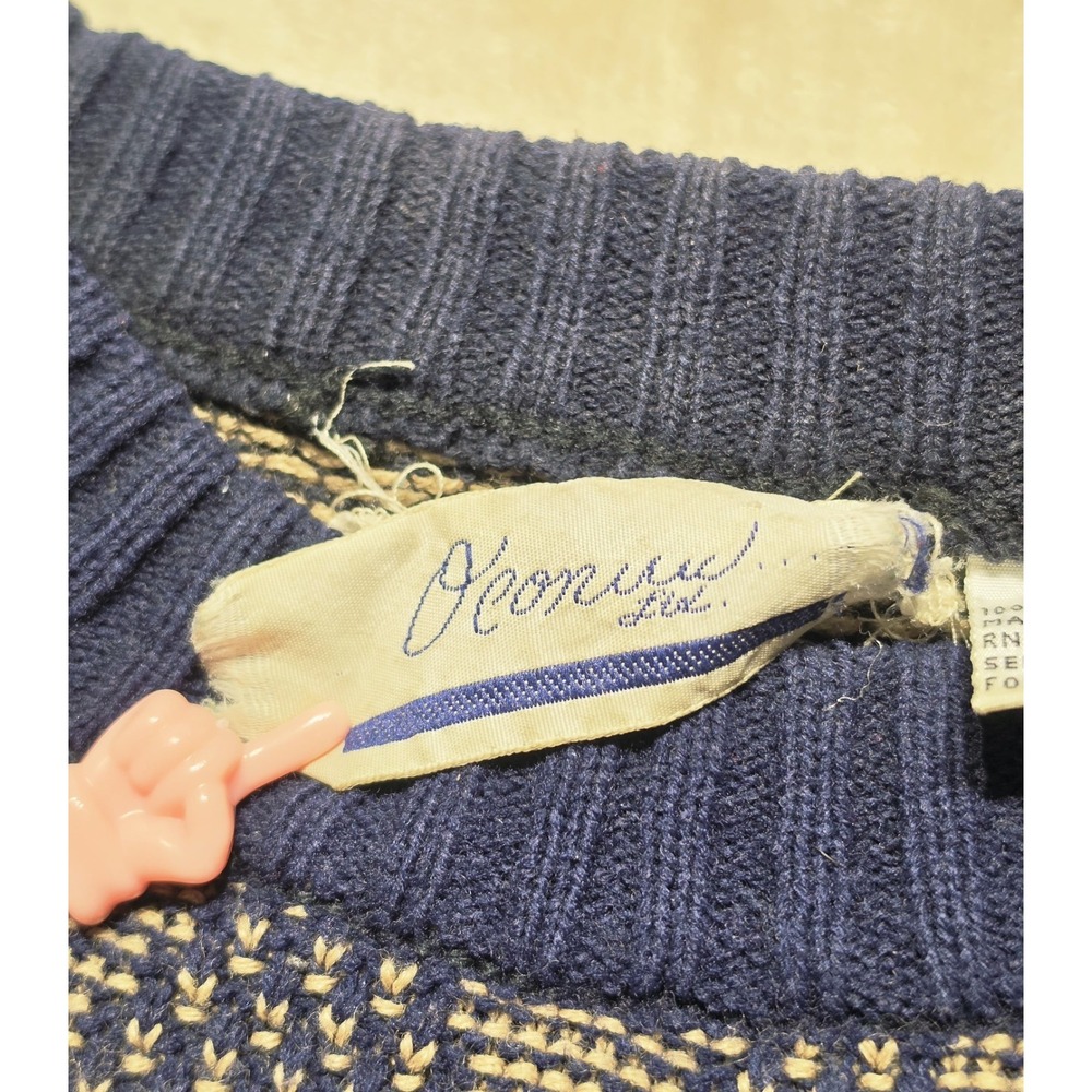 Vintage 90s Y2k Grandpa‎ Sweater Mens M Navy Tan Geometric Knit Retro Crewneck - Picture 5 of 7